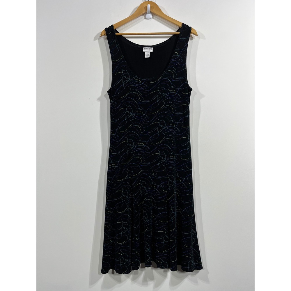 Chicos Slinky Abstract Print Midi Basque Dress Womens 2 Large Artsy Lagenlook